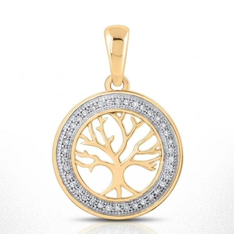 10K Gold Diamond Tree of Life Pendant 1/10 CTW featuring an openwork tree design in a circular frame, accented with a ring of sparkling white diamonds. Displayed on a plain white background.