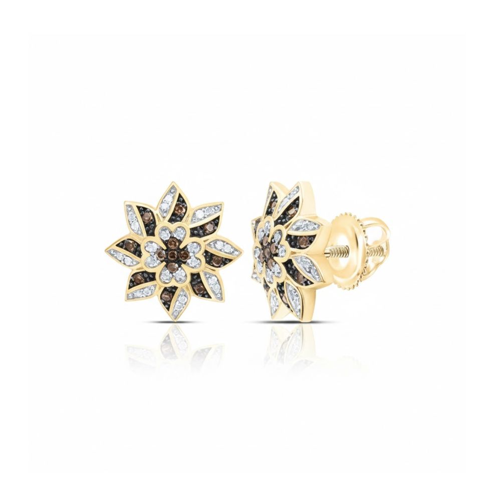 1/4CT Cognac Diamond Flower Earrings in 10k Gold close-up detail - GOLDZENN