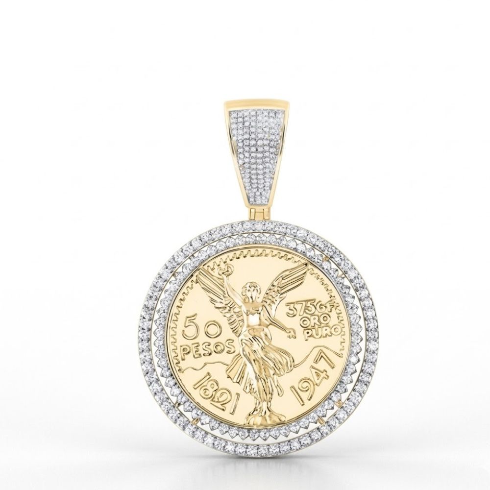 The Diamond Centenario Spinning Pendant 14K Gold 1.875CT showcases the Angel of Independence coin (1821 & 1947) with “37.5g ORO PURO” engraving, set in yellow gold and framed by natural diamonds and a diamond-studded bail.
