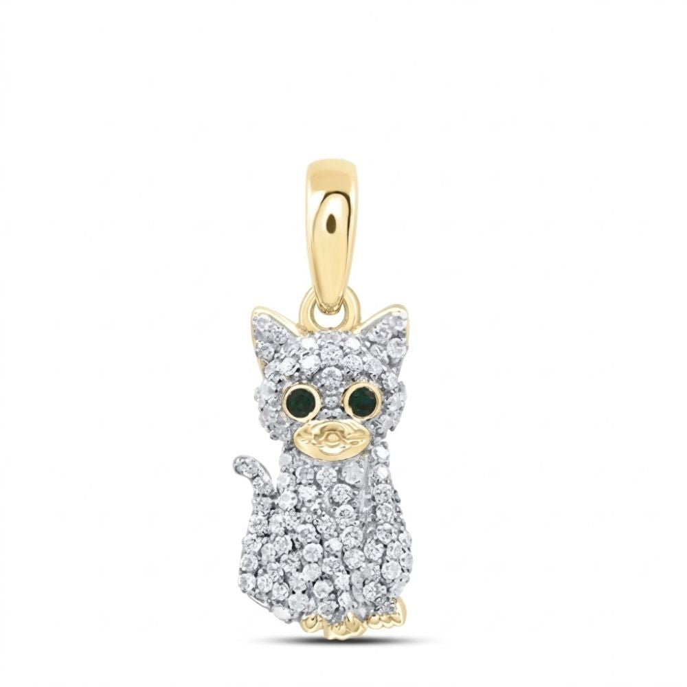 A cat-shaped 1/5CTW natural diamond pendant, crafted in 10K yellow gold, features round-cut diamonds, green gemstone eyes, a gold bail for a chain, and offers an elegant touch.