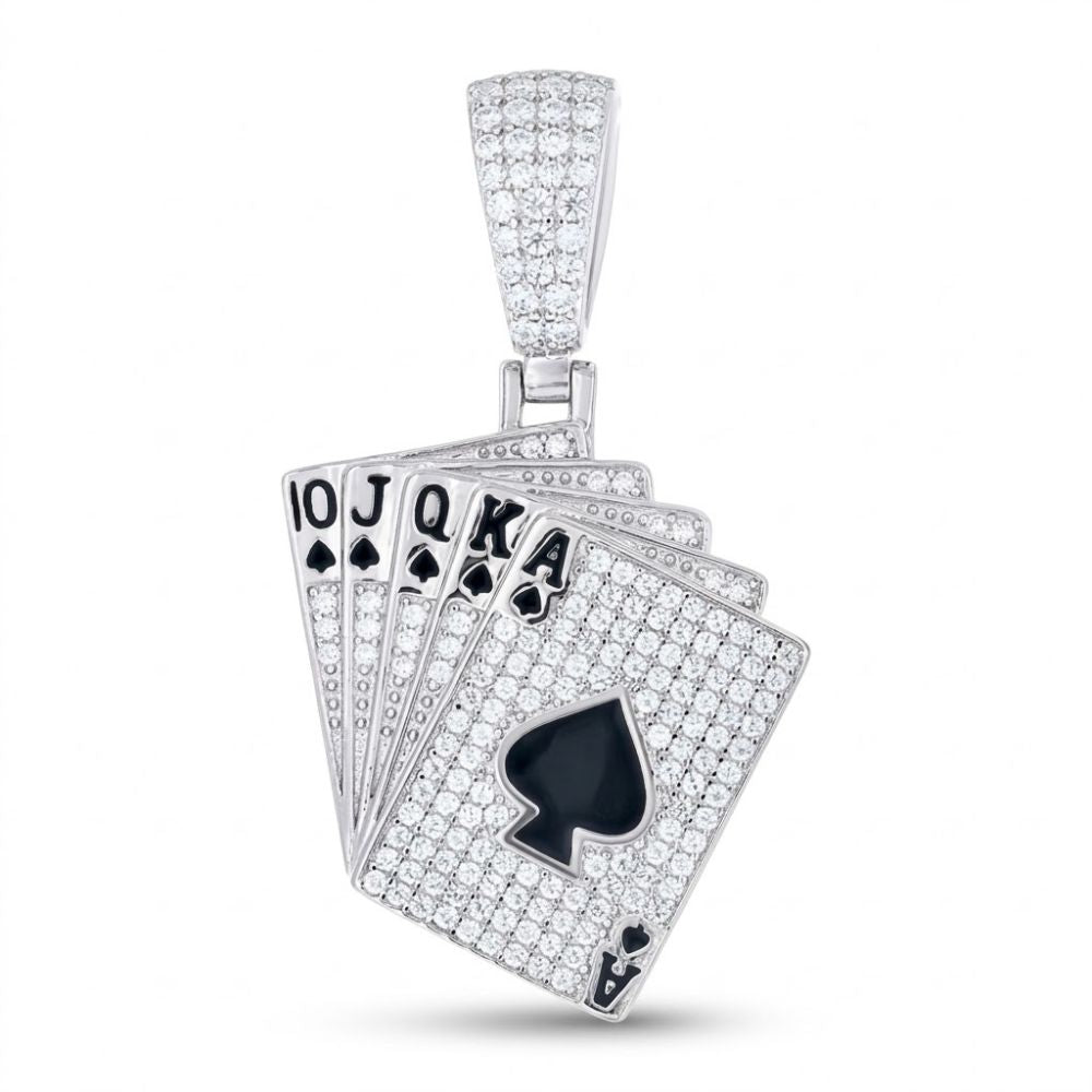 The Sterling Silver Moissanite Playing Cards Pendant is shaped like five spade cards—10, Jack, Queen, King, and Ace—adorned with sparkling moissanite stones and features a diamond-encrusted bail for attaching to a necklace.