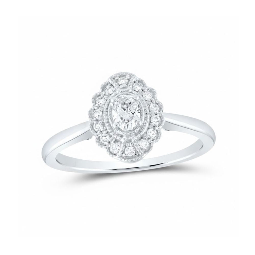 A beautiful 14k White Gold Oval Diamond Solitaire Engagement Ring (1/3CTTW) featuring a polished band and an elegant oval diamond center.