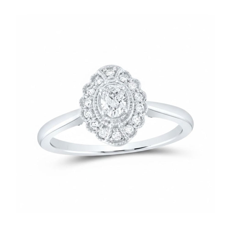 A beautiful 14k White Gold Oval Diamond Solitaire Engagement Ring (1/3CTTW) featuring a polished band and an elegant oval diamond center.