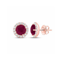 1-1/5CTW Round Ruby Halo and Diamond Solitaire Stud Earrings - 14K Rose Gold close-up detail - GOLDZENN