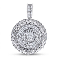 The Sterling Silver Moissanite Praying Hands Pendant features a round 925 sterling silver design with sparkling moissanite stones and a detailed praying hands motif at the center.