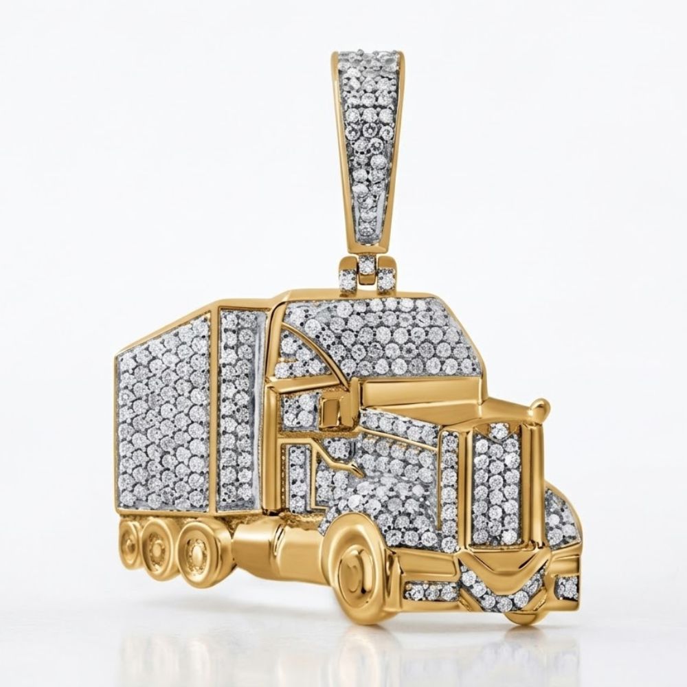 The Sterling Silver Diamond Truck Charm 7/8CTW features a truck design adorned with sparkling diamonds, showcasing unique men's jewelry style against a plain white background.