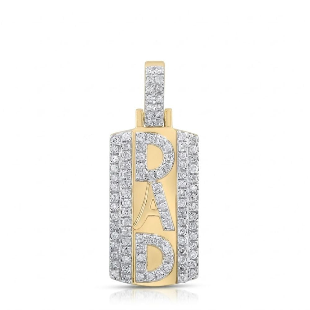 The 10K Gold Diamond Dad Pendant Charm 1/3 CTTW features "DAD" in bold on a vertical rectangle, accented with sparkling diamonds and a diamond-studded bail—an ideal Father’s Day gift.