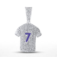 The Sterling Silver Diamond Number 7 Jersey Charm (1.25 CTW) features a jersey-shaped pendant with sparkling diamonds, a bold blue number 7 on the front, and a diamond-encrusted bail for attaching to your chain.