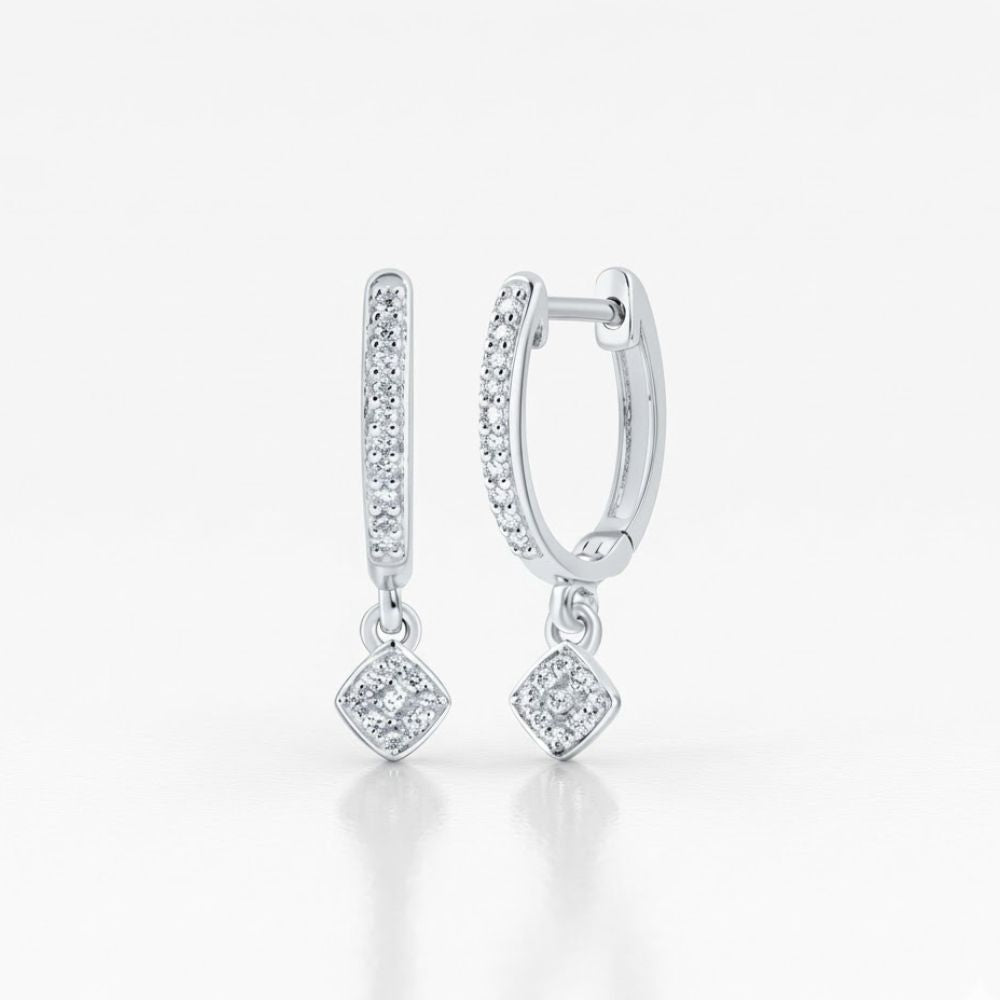10K White Gold Diamond Hoop Dangle Earrings 1/6 Cttw featuring small diamonds on the hoops and square-shaped diamond pendants, shown against a white background.
