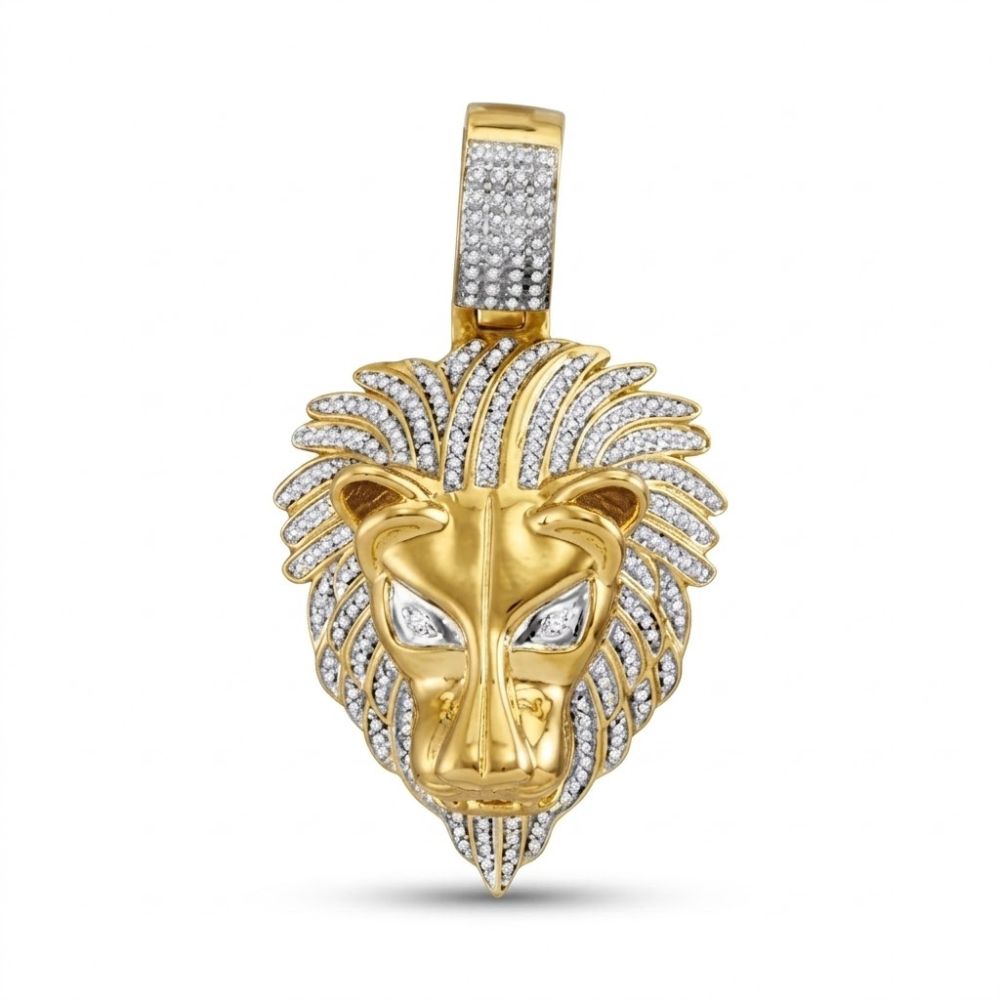 The 10K Gold Diamond Lion Head Pendant (7/8 CTTW) showcases a detailed lion head with a diamond-studded mane and bail, crafted in yellow gold and displayed against a plain white background.