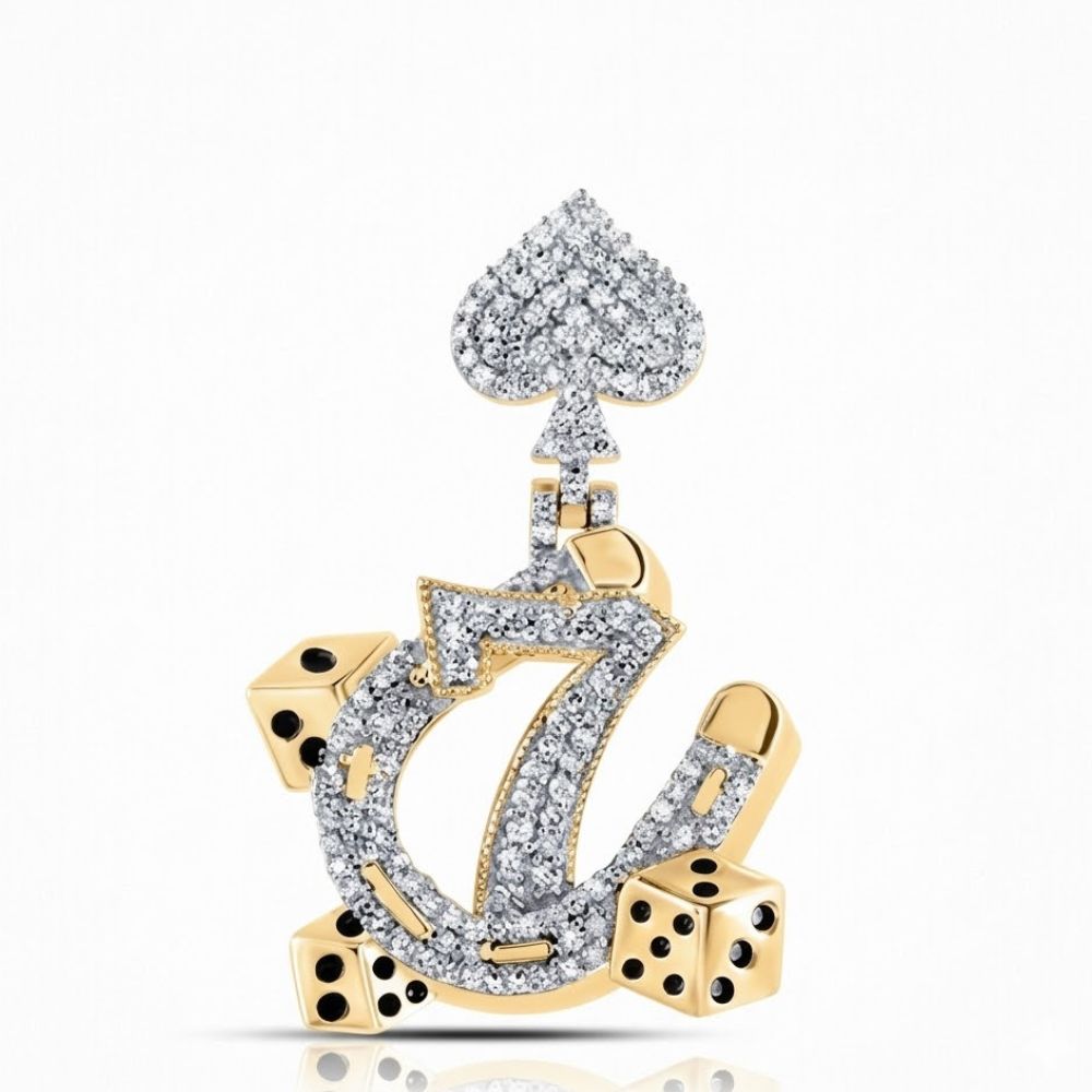 The 10K Gold Diamond 7 Lucky Men’s Charm 1/2CTW is a yellow gold pendant with a horseshoe, number 7, three dice, and spade symbol, set with natural diamonds—a striking men’s accessory against a plain white background.