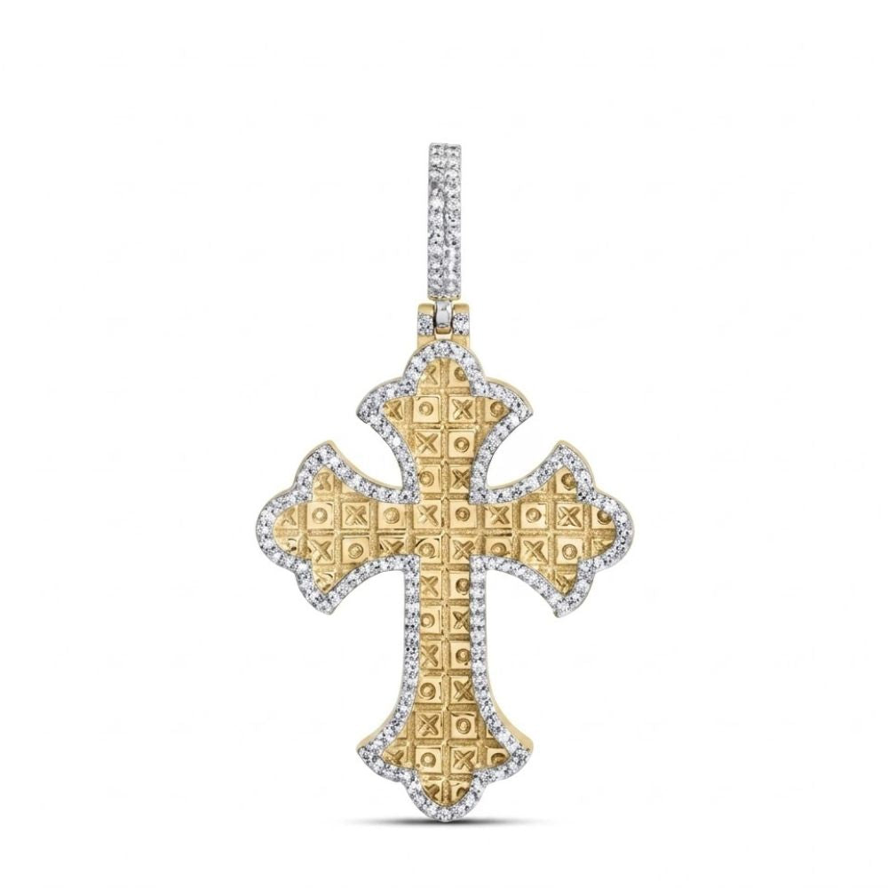 The 3/8CTW Natural Diamond Cross Mens Charm in 10K gold boasts an intricate geometric pattern, a diamond-studded border and bail, all set in yellow gold—a bold pendant choice for men.