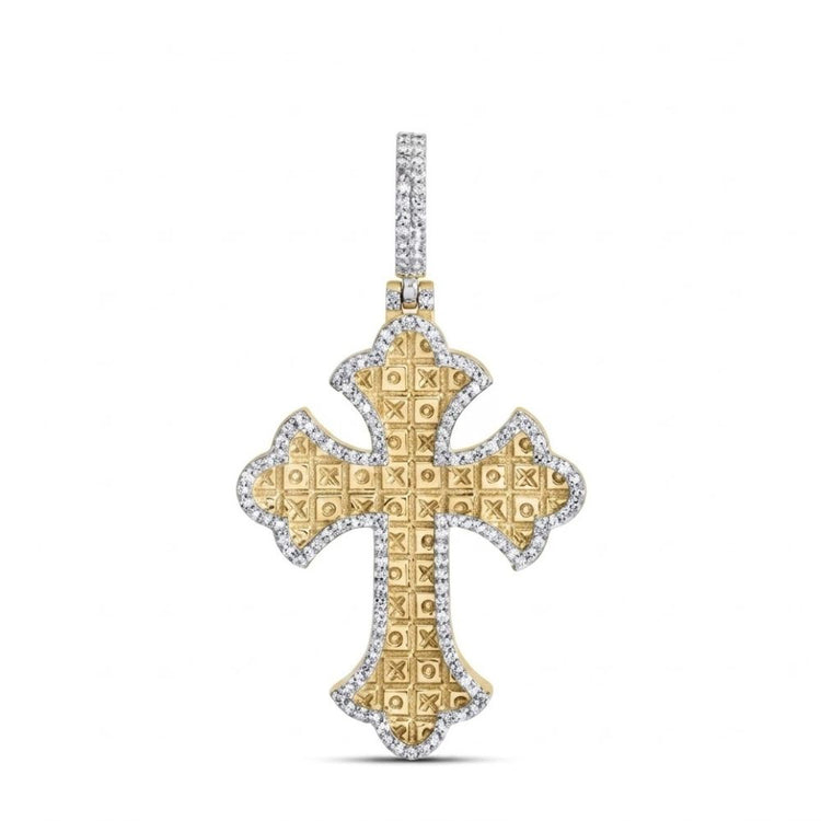 The 3/8CTW Natural Diamond Cross Mens Charm in 10K gold boasts an intricate geometric pattern, a diamond-studded border and bail, all set in yellow gold—a bold pendant choice for men.