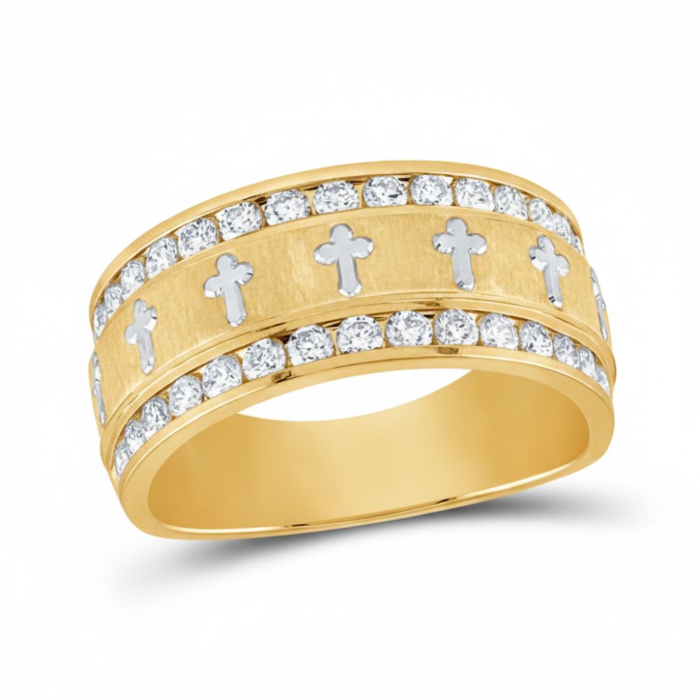 The 14k Yellow Gold Diamond Grecco Cross Wedding Band features two rows of round diamonds and a center band with evenly spaced silver Grecco cross accents.