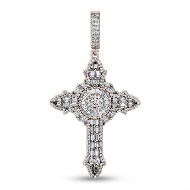 The 925 Silver Mens Moissanite Cross Pendant features a round center, intricate symmetrical details, and is set with dazzling moissanite stones for a sparkling look.