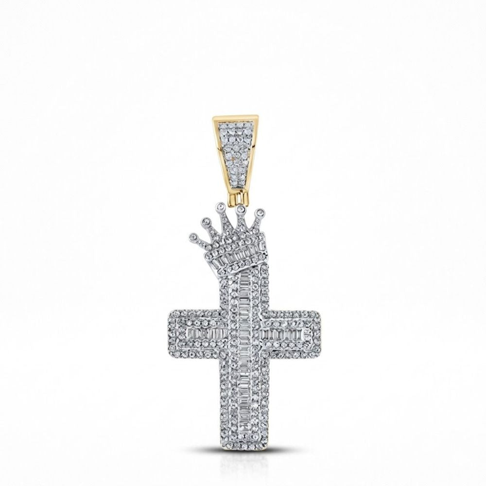 The 1 CTW Diamond Cross Crown Charm in 10K yellow gold features a gold bail and tilted diamond crown, making it an exquisite addition to men’s jewelry collections. Shown against a plain white background.