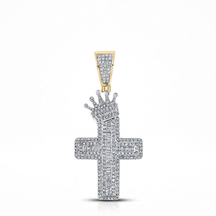 The 1 CTW Diamond Cross Crown Charm in 10K yellow gold features a gold bail and tilted diamond crown, making it an exquisite addition to men’s jewelry collections. Shown against a plain white background.