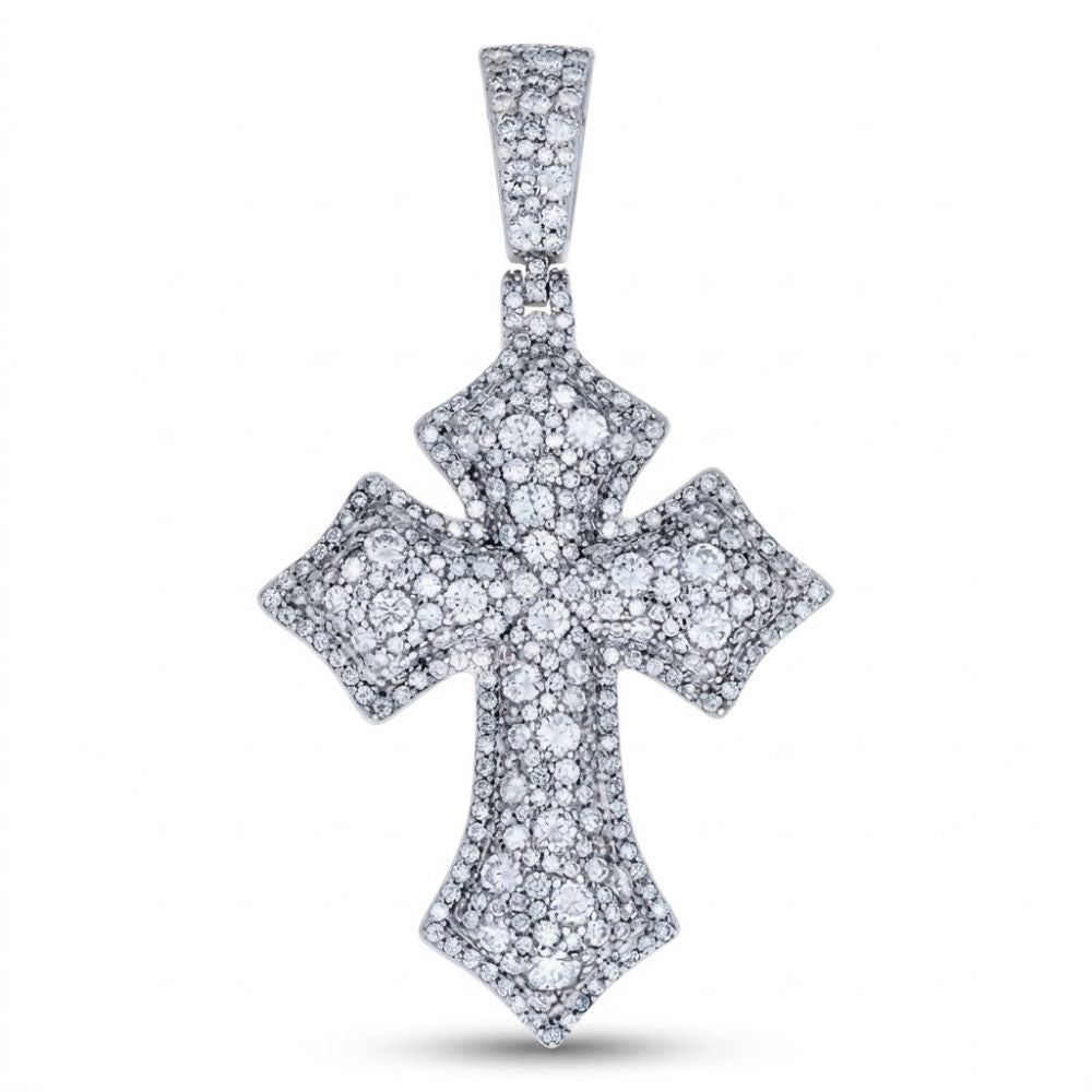 The Sterling Silver Moissanite Cross Pendant for Men features sparkling stones on 925 sterling silver, showcased against a plain white background—a striking piece of men’s religious jewelry.