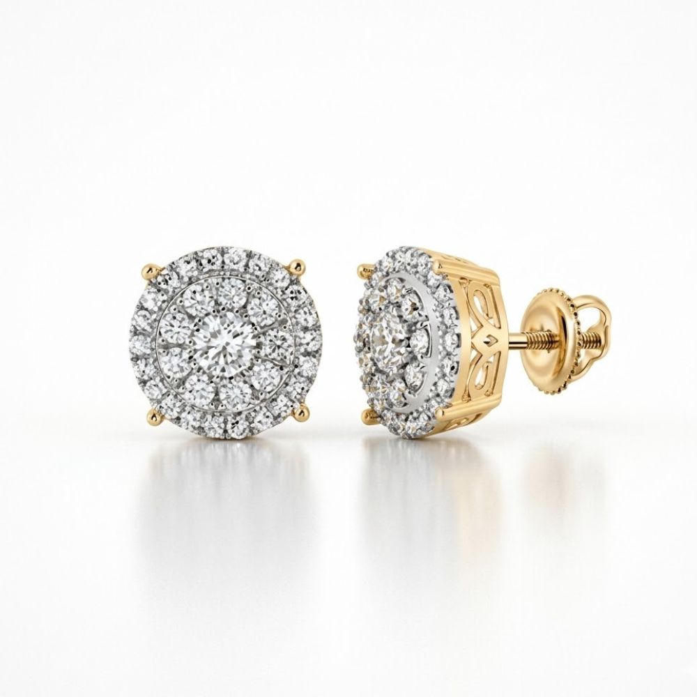 The 14K Gold Round Diamond Cluster Earrings feature a central diamond cluster with a halo, totaling 5/8 cttw, intricate side detailing, and secure screw-back closures.