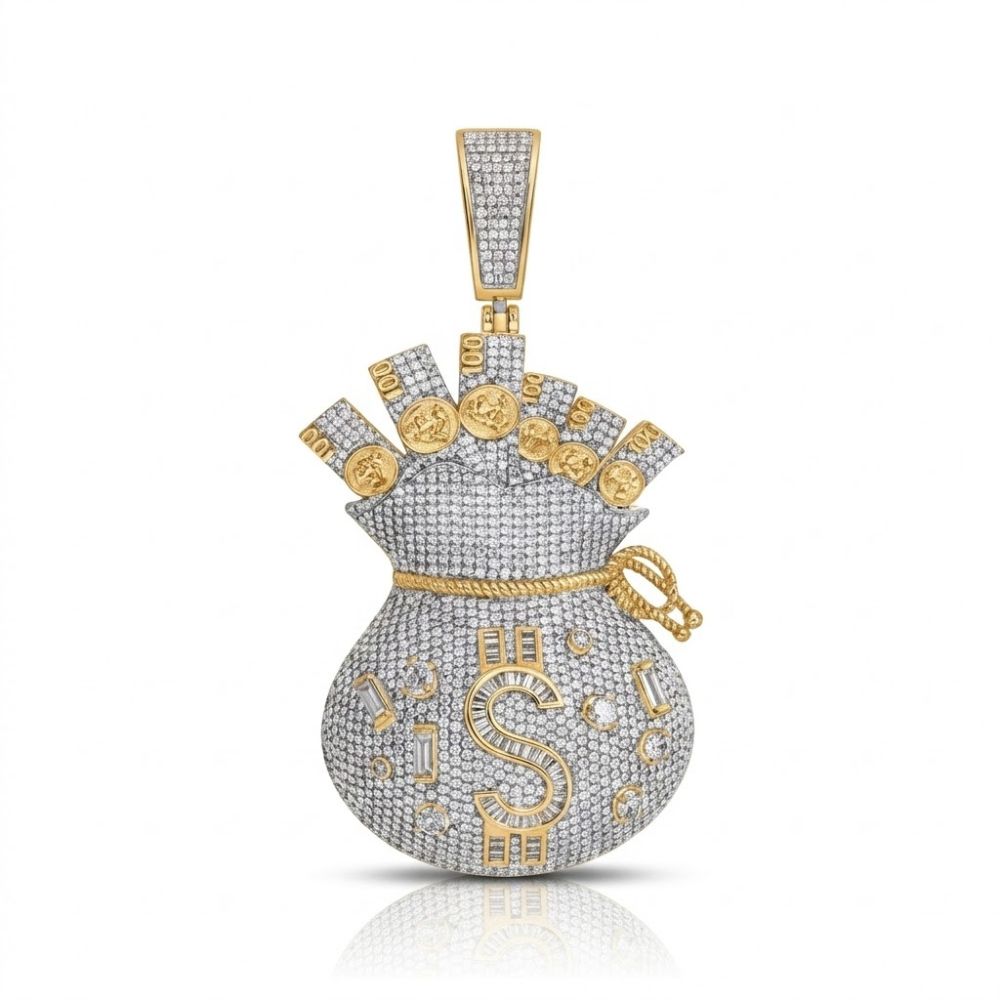 The 10k Gold Diamond Dollar Money Bag Charm 4.75CTW features sparkling diamonds, a gold dollar sign, coins, and accents in 10k yellow gold. This men’s charm has a top loop for your favorite chain.