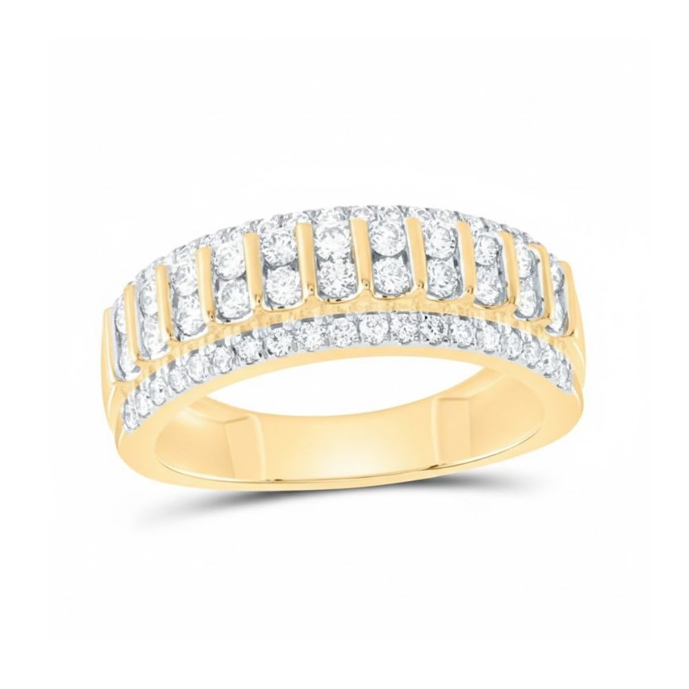 The 10k Yellow Gold Diamond Band Ring 1 CT features two rows of sparkling round diamonds along the edges and a center row of vertical diamond segments, offering a bold and elegant look—perfect as an anniversary ring.
