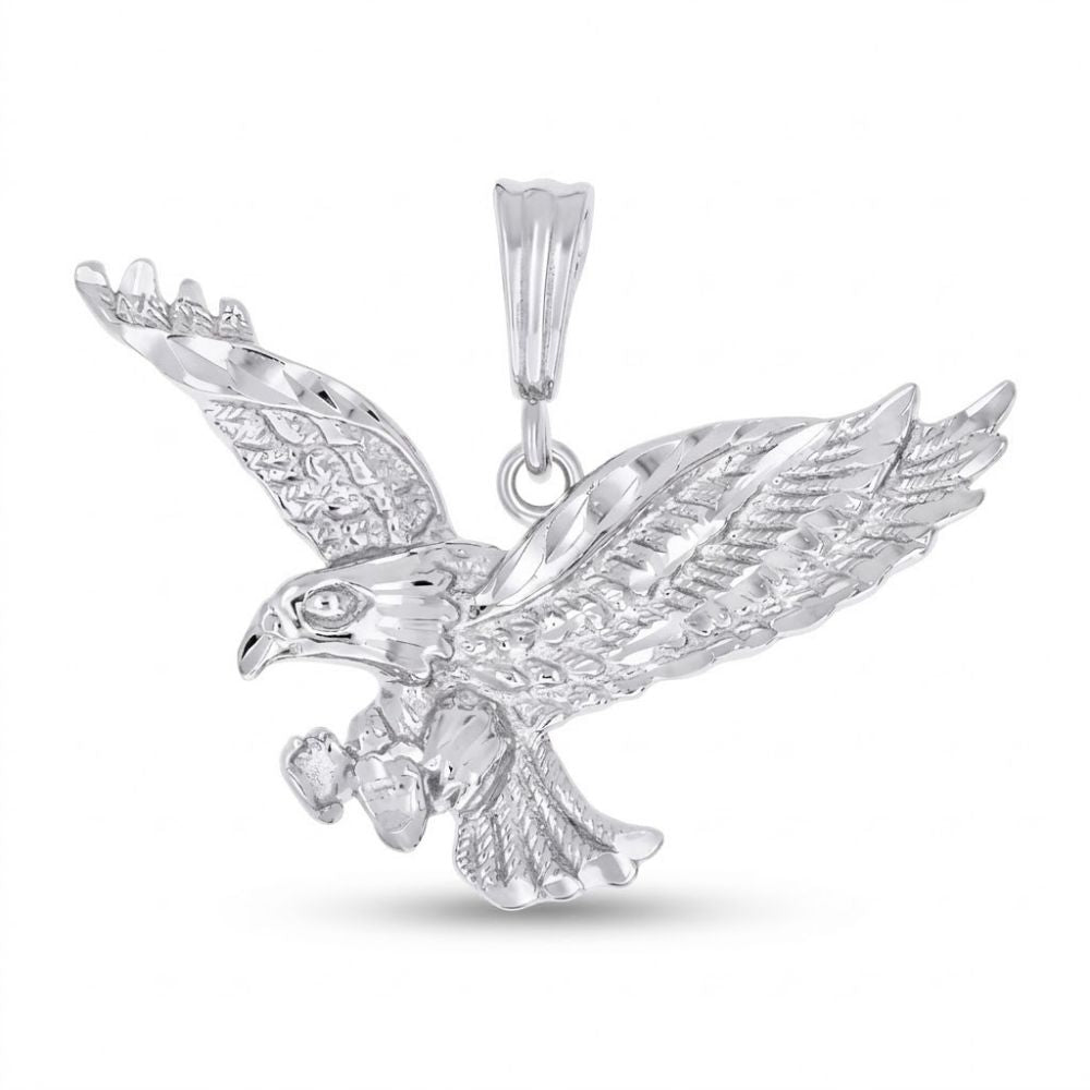The Sterling Silver Men’s Eagle Bird Wildlife Pendant features outstretched wings and detailed feathers, showcased on a plain white background—a bold, nature-inspired piece of men's jewelry.