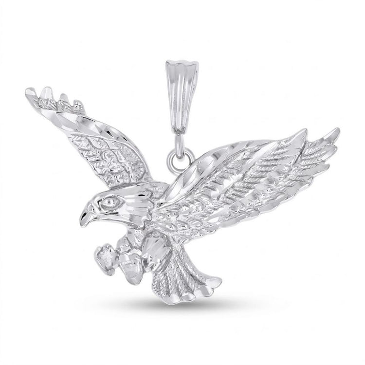 The Sterling Silver Men’s Eagle Bird Wildlife Pendant features outstretched wings and detailed feathers, showcased on a plain white background—a bold, nature-inspired piece of men's jewelry.