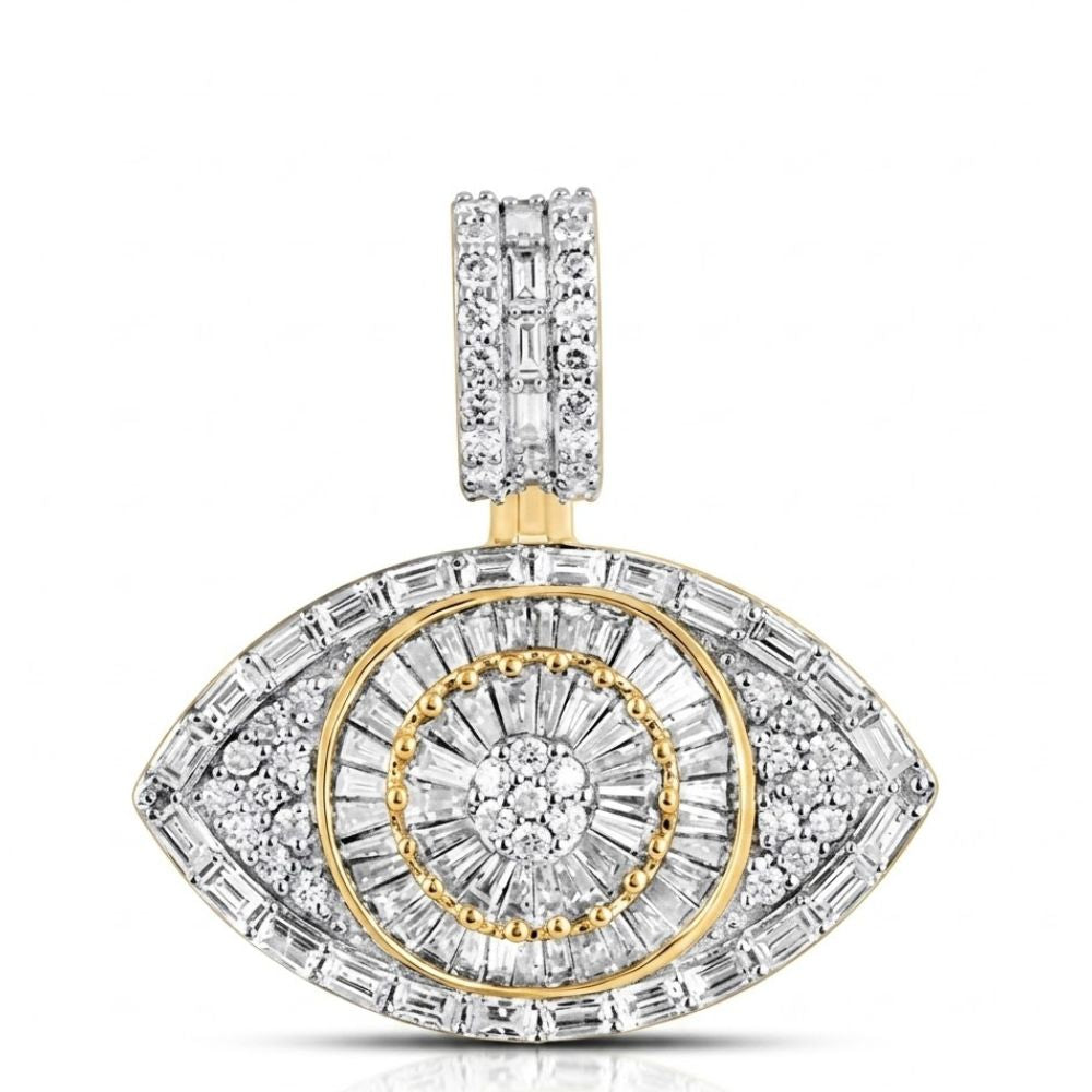 The 2CTW Natural Diamond Evil Eye Charm in 10K yellow gold shines with rows of round and baguette-cut natural diamonds, a circular diamond center, and a diamond-studded bail—a bold accessory for hip hop jewelry fans.
