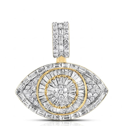 The 2CTW Natural Diamond Evil Eye Charm in 10K yellow gold shines with rows of round and baguette-cut natural diamonds, a circular diamond center, and a diamond-studded bail—a bold accessory for hip hop jewelry fans.