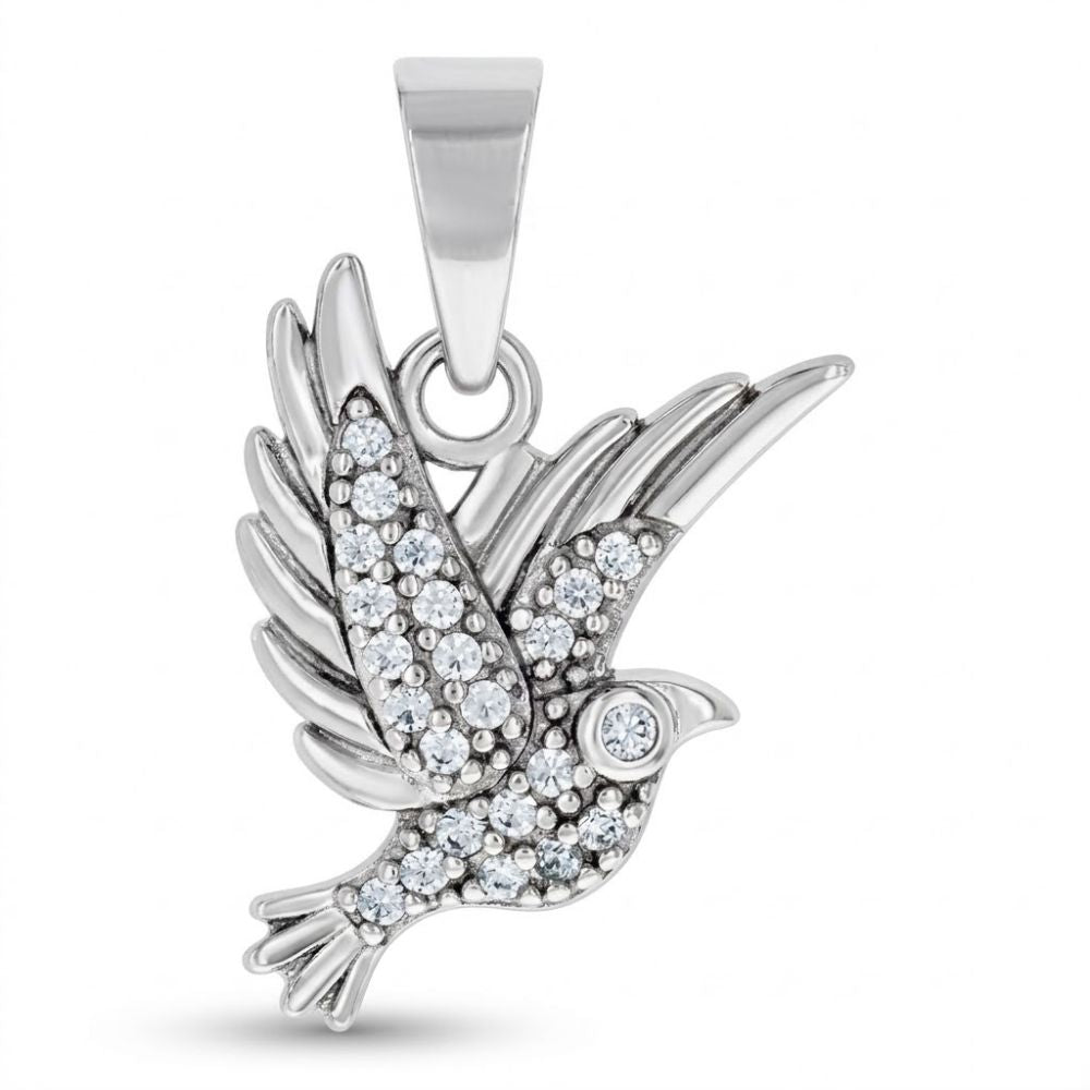 The Sterling Silver Cubic-Zirconia Peace Dove Pendant features a bird design with outstretched wings, sparkling clear stones, and a loop for easy attachment to any necklace.