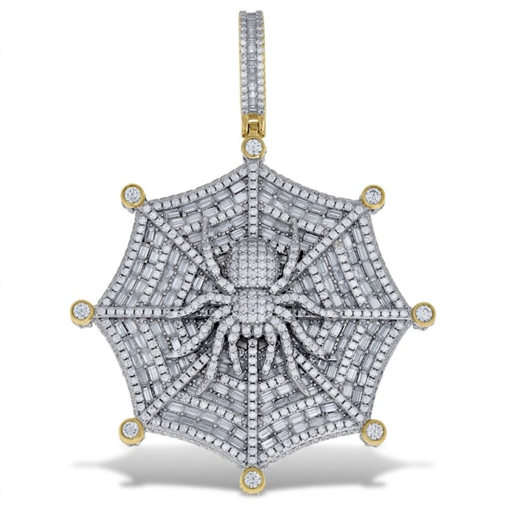 The Sterling Silver Moissanite Spider Web Pendant for Men features sparkling stones, gold-toned web accents, and a diamond-studded bail, creating a bold and eye-catching piece of men’s jewelry.