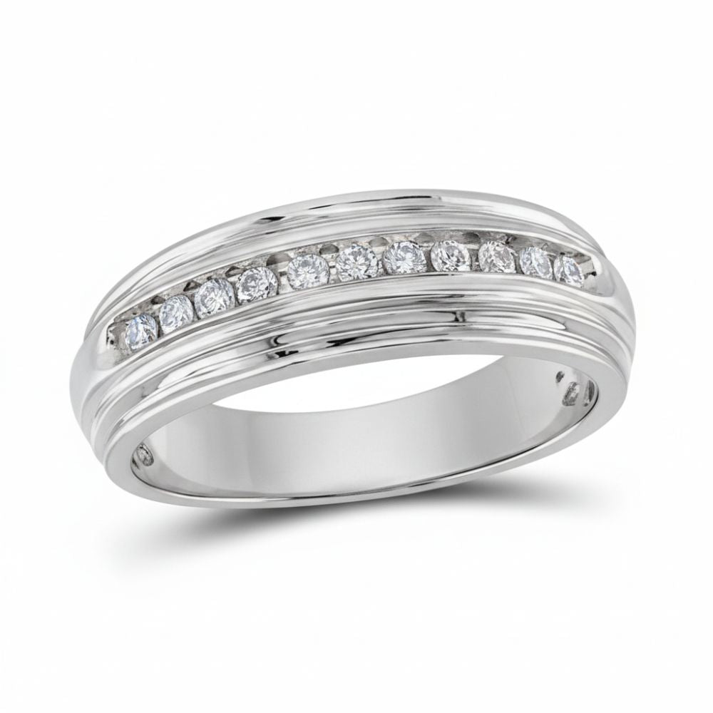 The Sterling Silver Round Diamond Wedding Band 1/4 Cttw features a polished finish and a central row of sparkling round diamonds—an elegant anniversary gift.