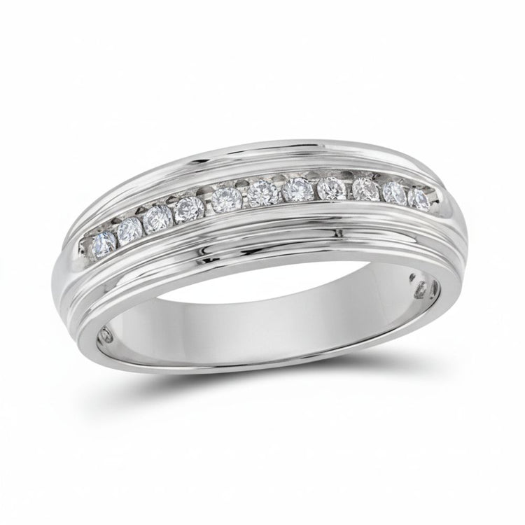 The Sterling Silver Round Diamond Wedding Band 1/4 Cttw features a polished finish and a central row of sparkling round diamonds—an elegant anniversary gift.