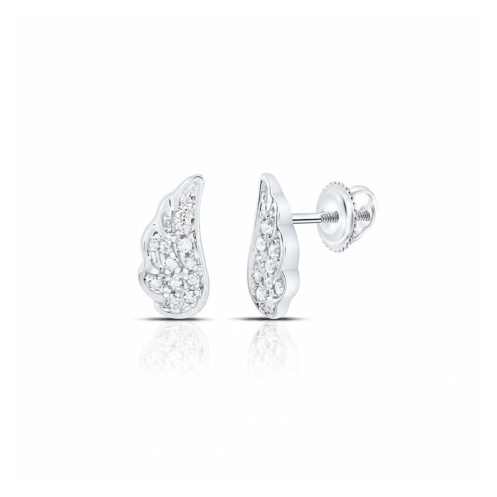 1/20CTW Round Diamond Angel Wing Stud Earrings in 14K White Gold feature sparkling diamonds and secure screw-back closures, shown against a white background.