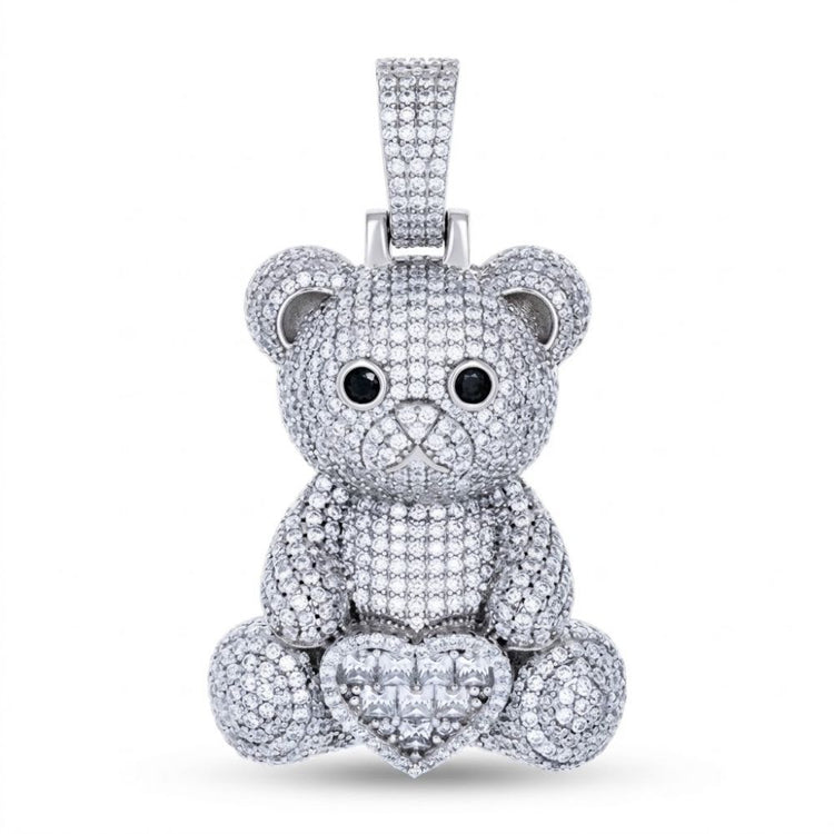 The Sterling Silver Moissanite Teddy Bear Heart Pendant features sparkling black and white moissanite, gemstone eyes, a diamond-studded heart, and a moissanite pendant bail for a dazzling touch.