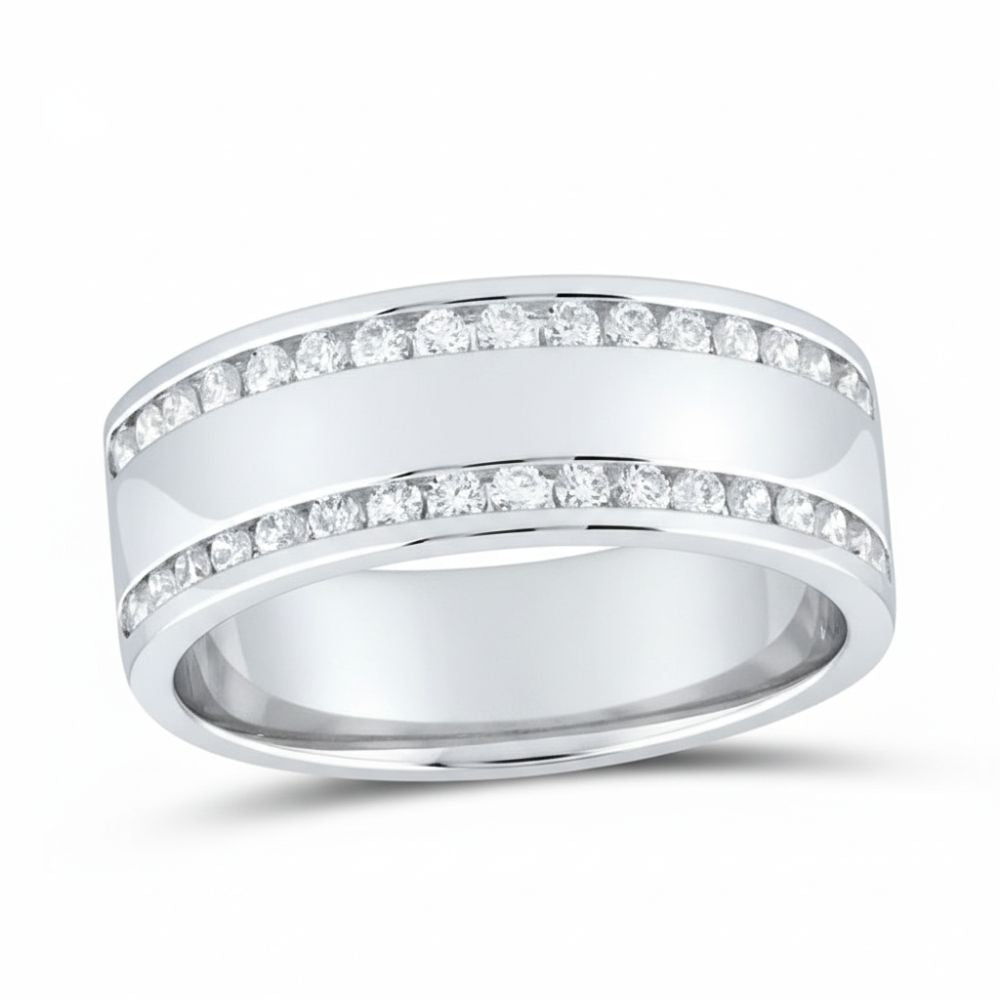 The 14k White Gold Diamond Double Row Wedding Band 1/2 Cttw features two parallel rows of sparkling round white diamonds along the top and bottom edges of a wide, polished white gold band.