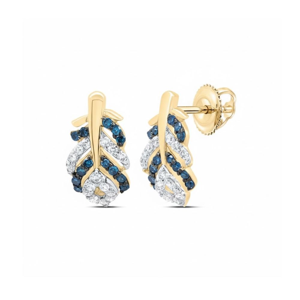 1/6CTW NAT DIA Peacock Feather Stud Earrings: 10K gold leaf-shaped studs with white and blue gemstones, detailed peacock feather-inspired design, and secure backings, shown on a white background.