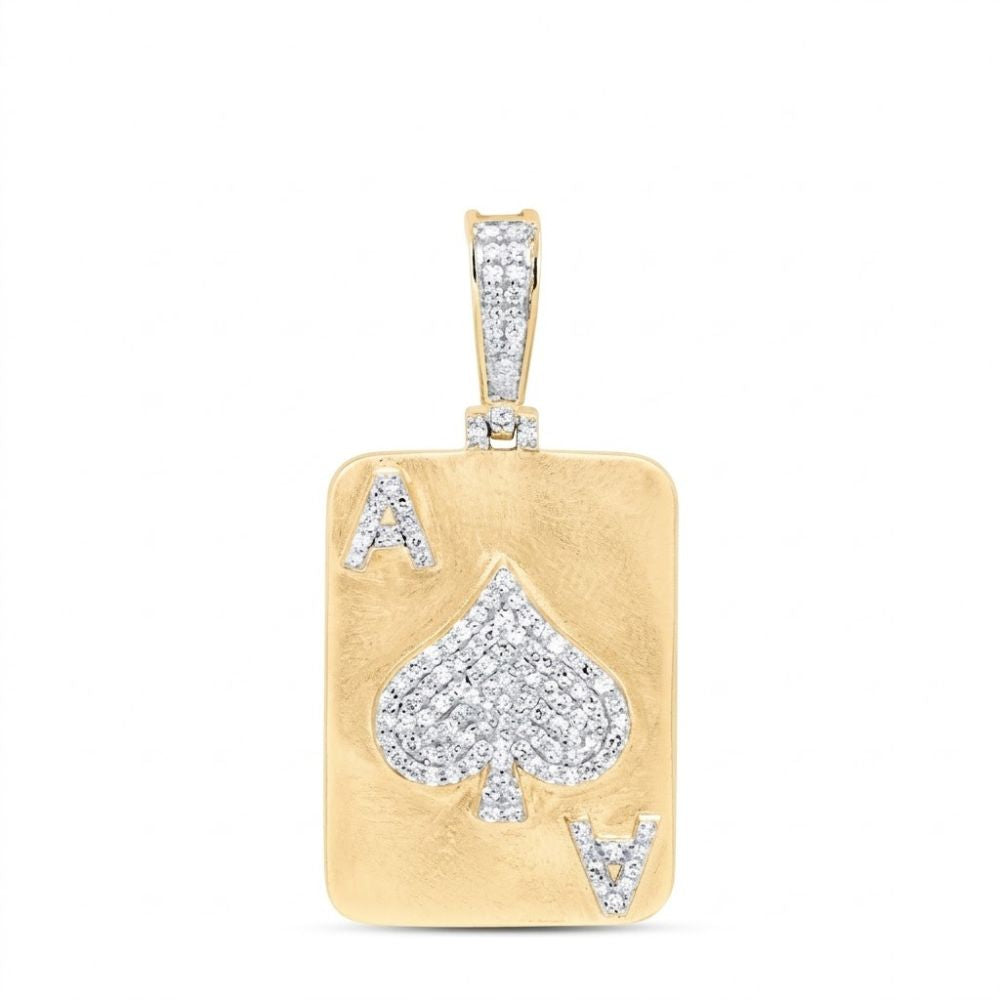 The Diamond ACE Charm 1/2CT in 10K yellow gold is shaped like an ace of spades card, featuring a bold spade symbol and "A," both accented with natural diamonds.