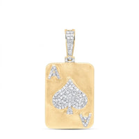 The Diamond ACE Charm 1/2CT in 10K yellow gold is shaped like an ace of spades card, featuring a bold spade symbol and "A," both accented with natural diamonds.