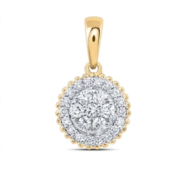 The 14K Yellow Gold Round Diamond Pendant 3/8 Cttw features a cluster of natural diamonds, a scalloped gold border, and a polished bail for an elegant look.