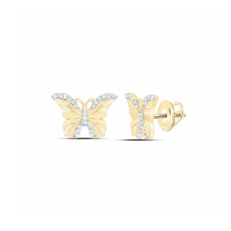 1/6 CTW Diamond Butterfly Earrings in 10k Yellow Gold close-up detail - GOLDZENN