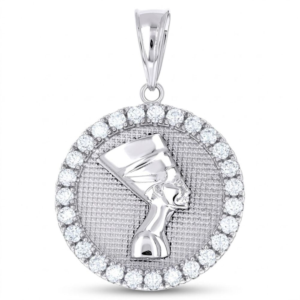 The Sterling Silver CZ Nefertiti Egyptian Pendant showcases a raised profile of the queen in a tall headdress, encircled by cubic zirconia accents on a textured background for striking Egyptian-inspired elegance.