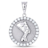 The Sterling Silver CZ Nefertiti Egyptian Pendant showcases a raised profile of the queen in a tall headdress, encircled by cubic zirconia accents on a textured background for striking Egyptian-inspired elegance.