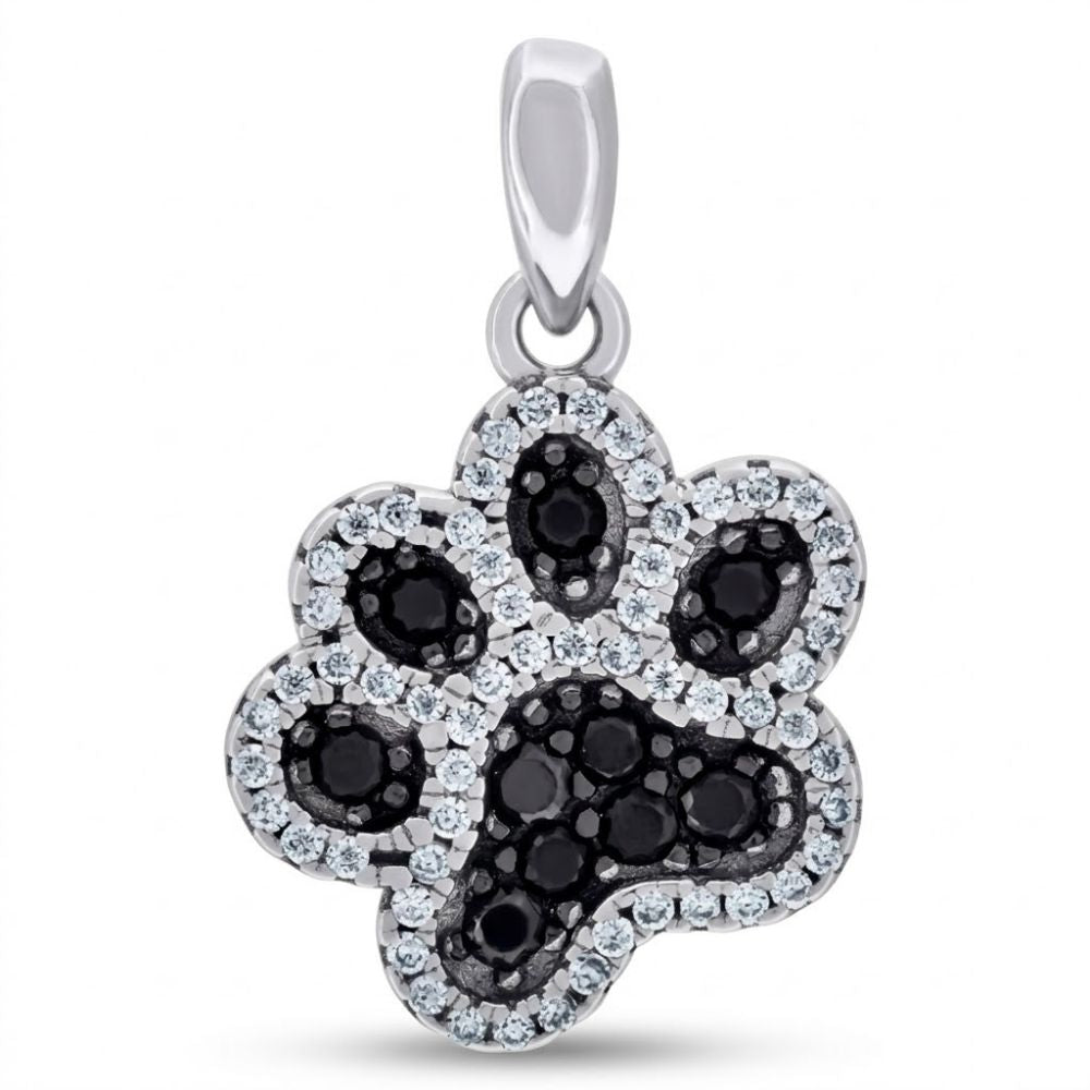 The 925 Sterling Silver Paw Print CZ Pendant features a paw-shaped design with black gemstone pads, each bordered by clear sparkling stones—a charming wildlife-inspired accessory.