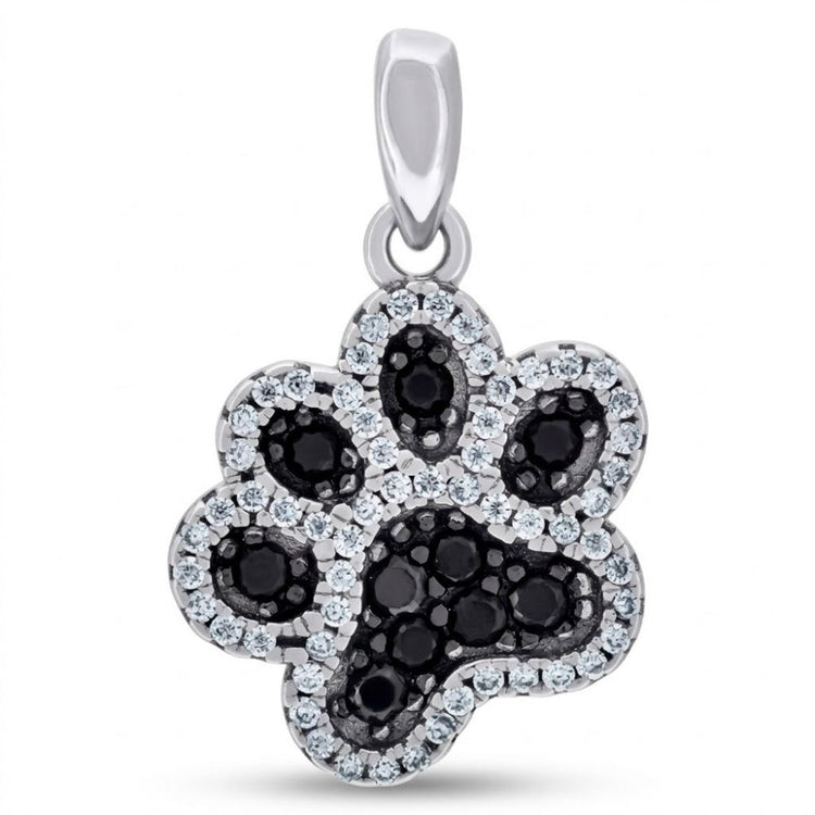 The 925 Sterling Silver Paw Print CZ Pendant features a paw-shaped design with black gemstone pads, each bordered by clear sparkling stones—a charming wildlife-inspired accessory.