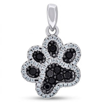 The 925 Sterling Silver Paw Print CZ Pendant features a paw-shaped design with black gemstone pads, each bordered by clear sparkling stones—a charming wildlife-inspired accessory.