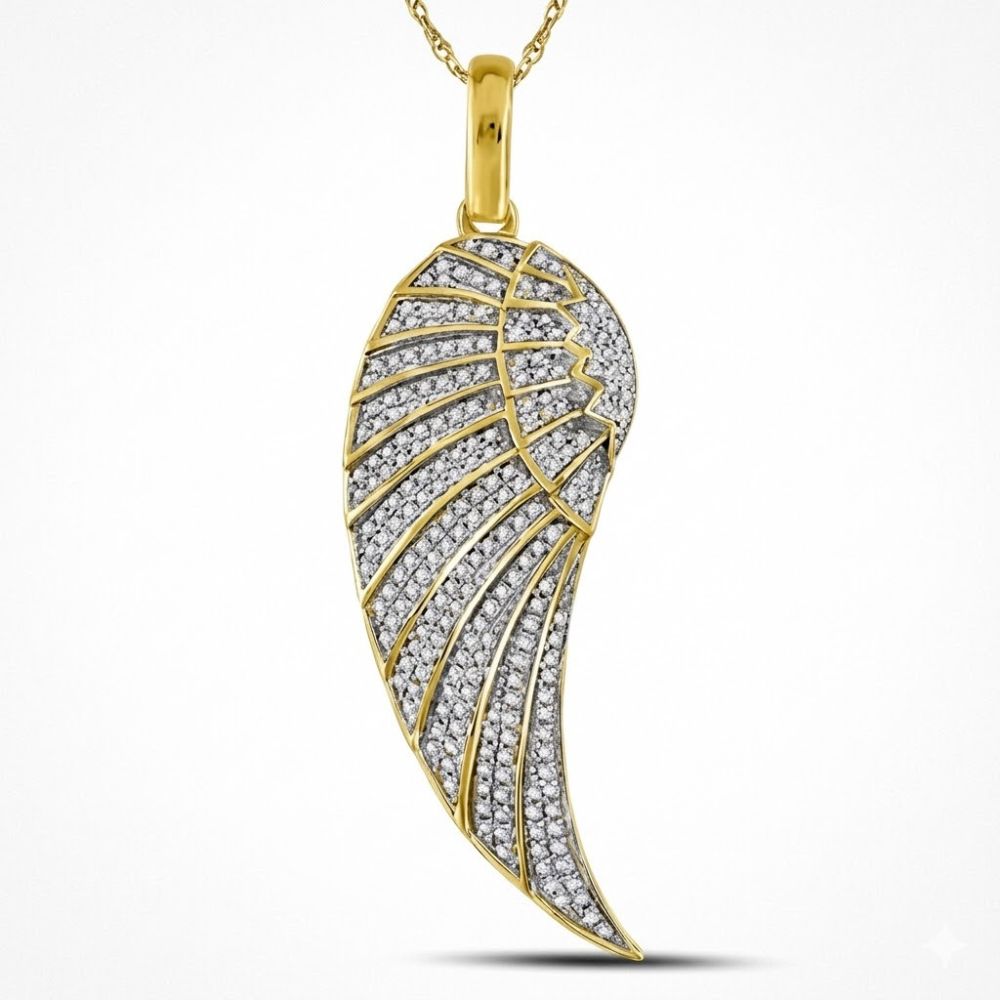 The 10K Gold Diamond Angel Wing Pendant 5/8 CTTW features shimmering diamonds set in yellow gold, hanging elegantly from a fine chain against a white background.