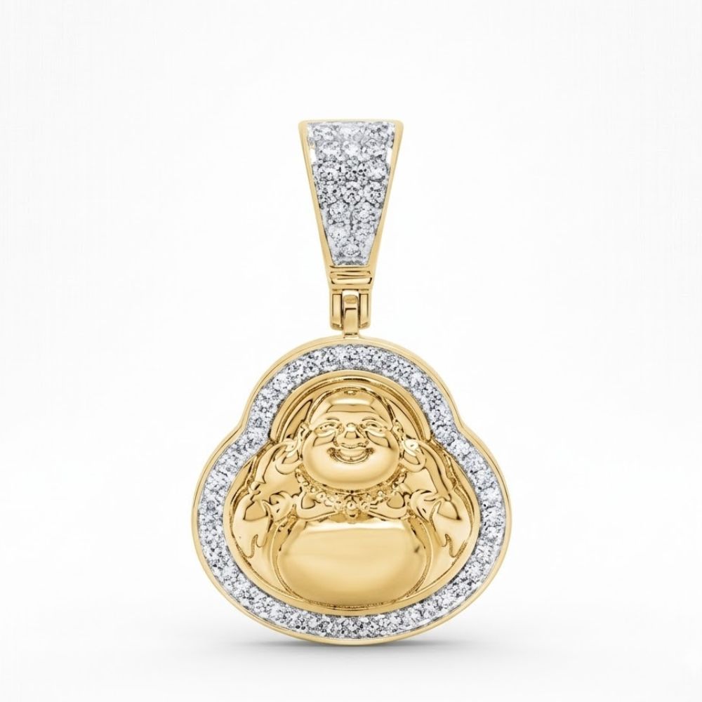 The Diamond Buddha Charm 1/3CT in 10K Yellow Gold features a smiling face, halo of clear stones, and diamond-studded bail, showcased on a white background.