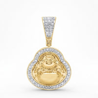 The Diamond Buddha Charm 1/3CT in 10K Yellow Gold features a smiling face, halo of clear stones, and diamond-studded bail, showcased on a white background.