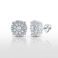 The 14K Gold Round Diamond Cluster Earrings (5/8 Cttw) feature round diamonds in clusters with halos and screw-back clasps, all set in white metal and displayed on a glossy white background.